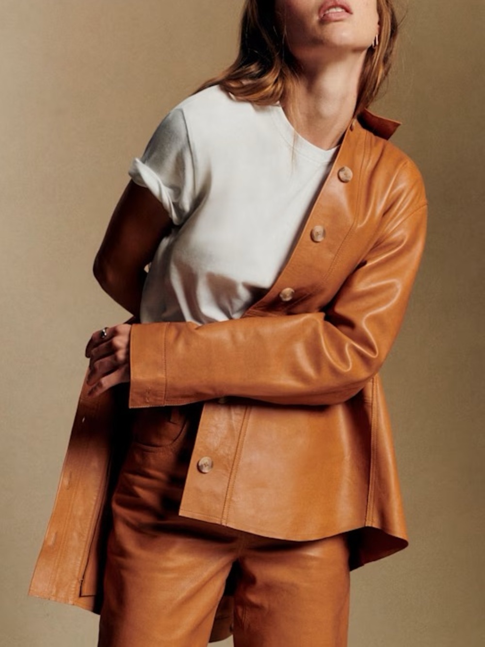 Sézane Will Smooth Goat Leather Tan Honey Button Jacket